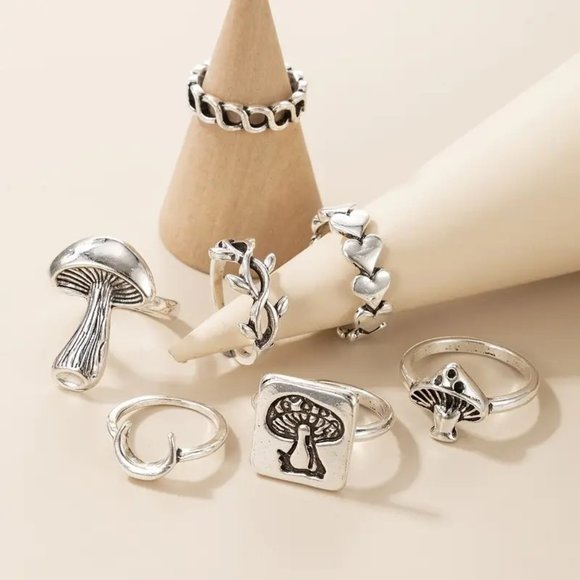 Rings Mushroom Finger 7pc Set Silver Hearts Wonderland Boho Hippie Stackable Fun - Picture 2 of 4